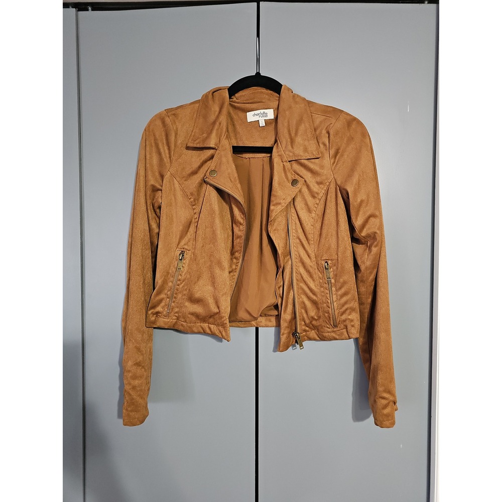 Charlotte Russe Suede Jacket Womens Size S Cognac Like New Moto Full Zip Pockets